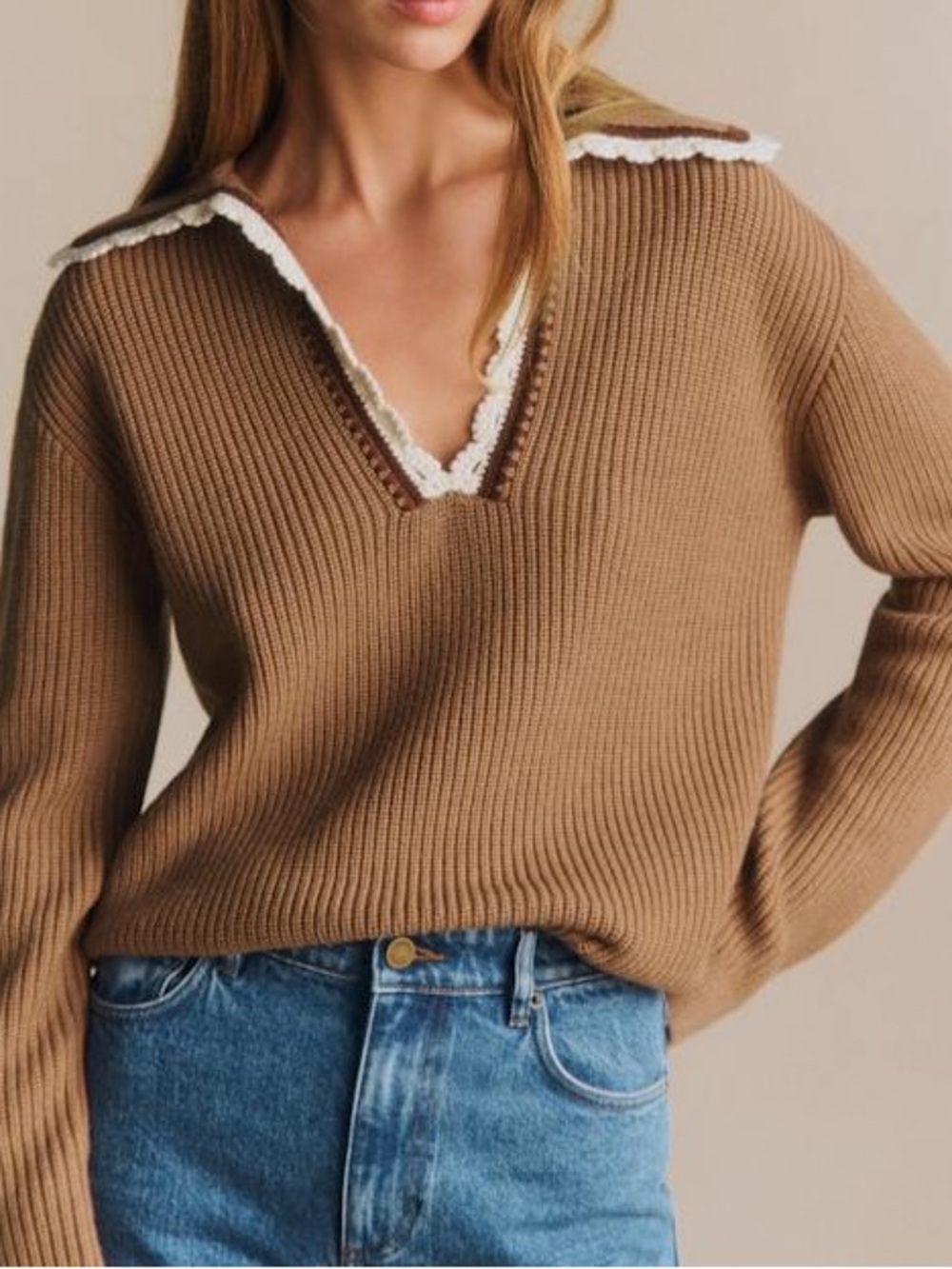 Sézane Ivane Sweater — Brown with lace crochet trim